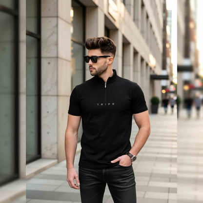 Men High Neck Black Zip Up Half Sleeve T-shirt
