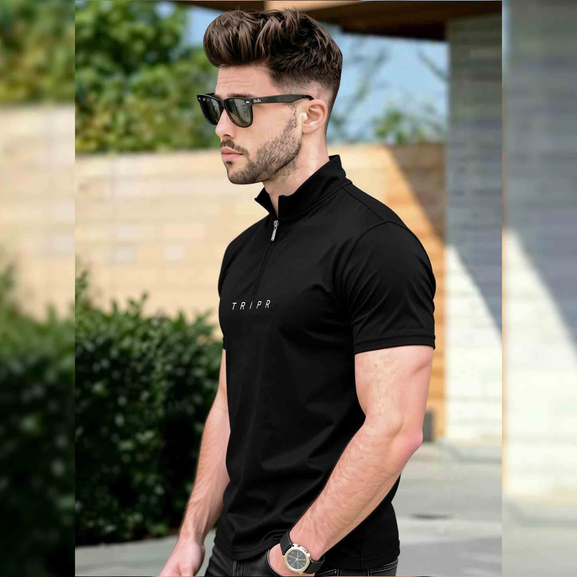 Men High Neck Black Zip Up Half Sleeve T-shirt