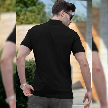 Men High Neck Black Zip Up Half Sleeve T-shirt