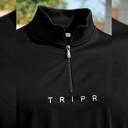 Men High Neck Black Zip Up Half Sleeve T-shirt