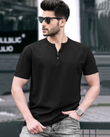 Half Sleeve Henley Neck Plain T-shirt / Black