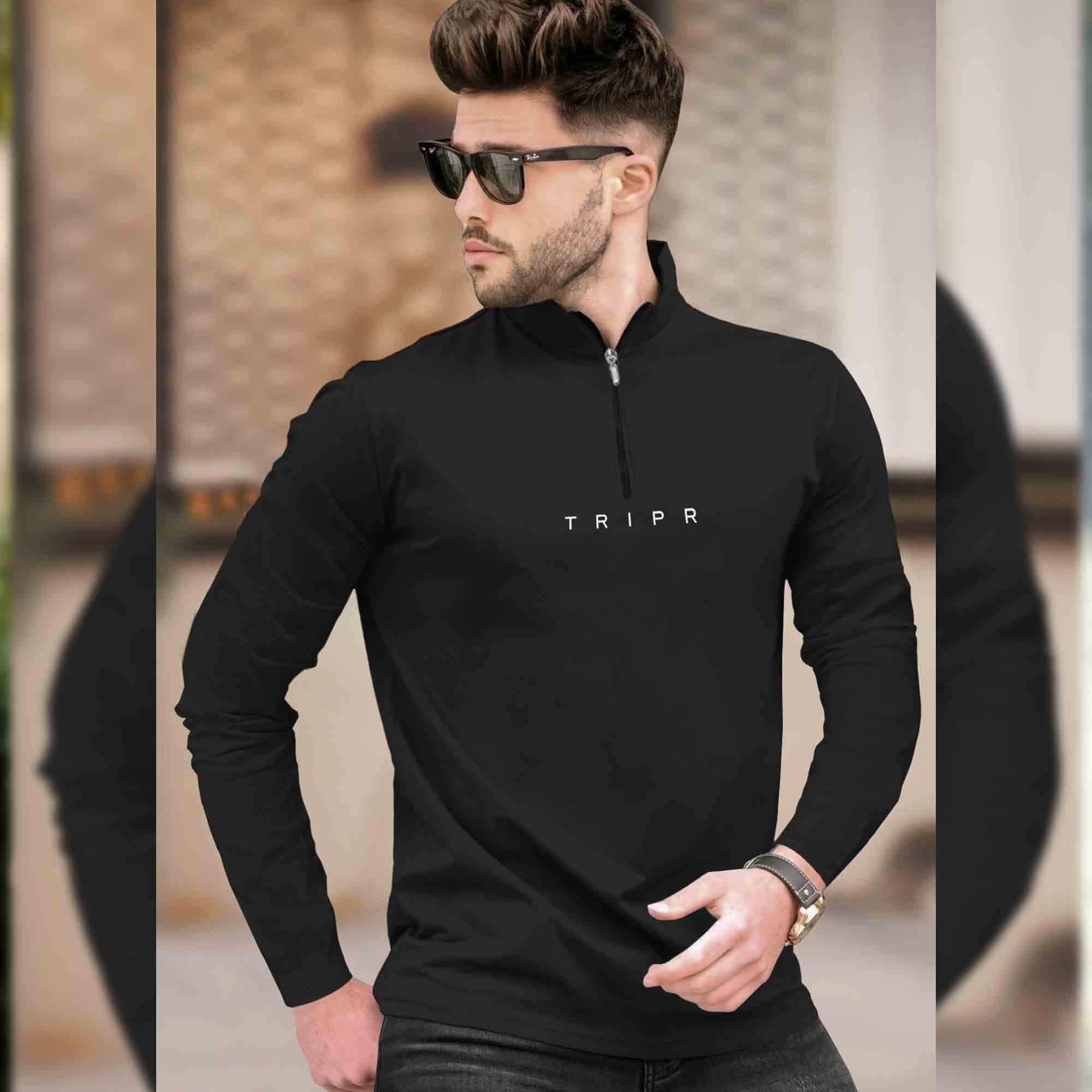 Men Solid Black Full Sleeve Zip High Neck T-Shirt