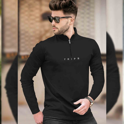 Men Solid Black Full Sleeve Zip High Neck T-Shirt