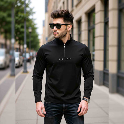 Men Solid Black Full Sleeve Zip High Neck T-Shirt