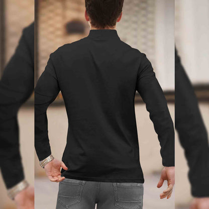 Men Solid Black Full Sleeve Zip High Neck T-Shirt