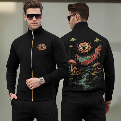 Men Back Printed High Neck Winter Jacket Black