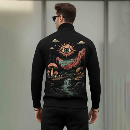 Men Back Printed High Neck Winter Jacket Black