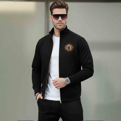 Men Back Printed High Neck Winter Jacket Black