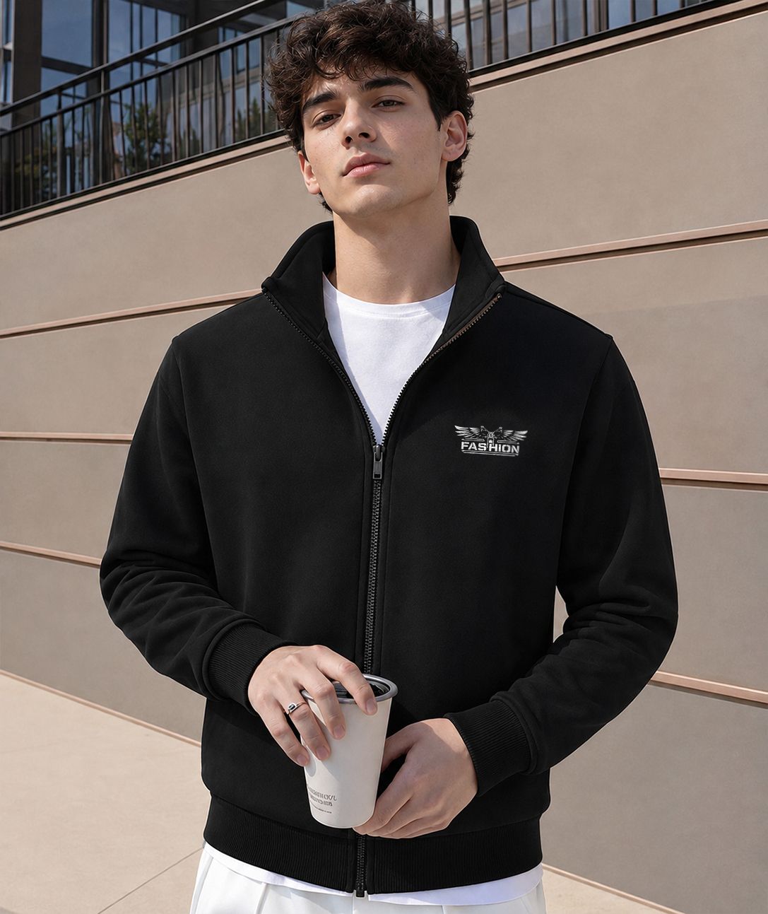 High Neck Logo Print Witer Jacket Black