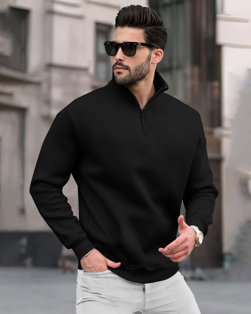 Men Plain Zipper High Neck Casual Sweatshirt / Black