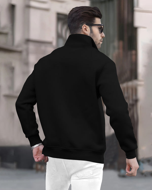 Men Plain Zipper High Neck Casual Sweatshirt / Black