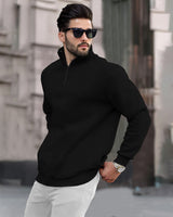 Men Plain Zipper High Neck Casual Sweatshirt / Black