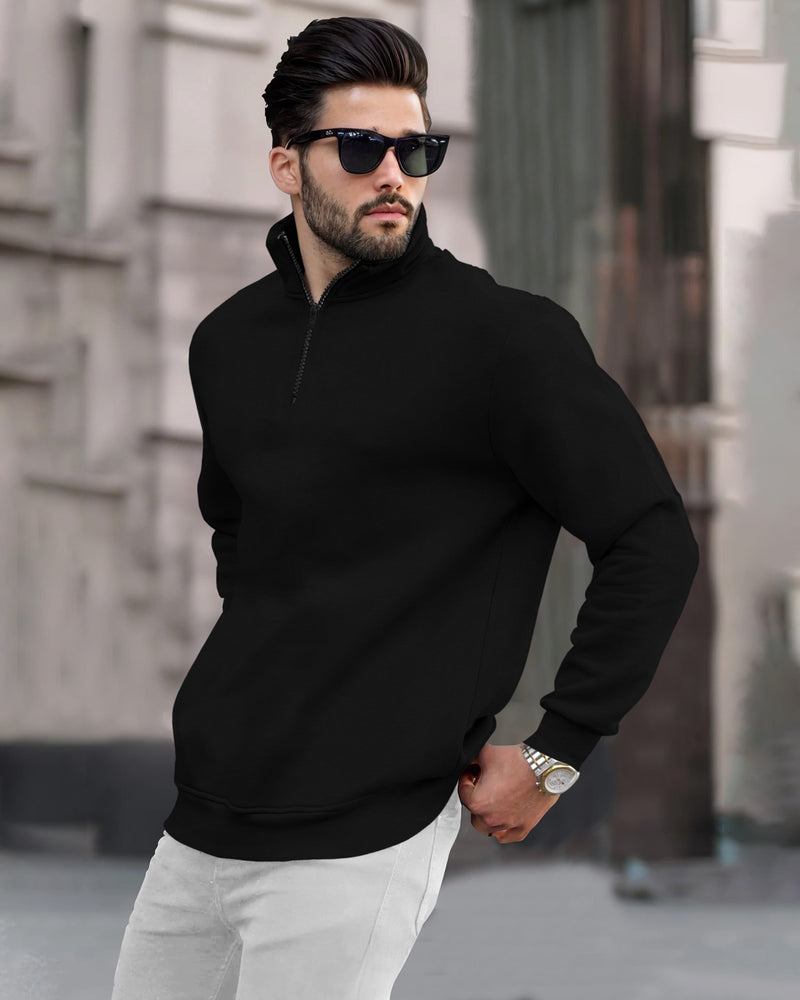 Men Plain Zipper High Neck Casual Sweatshirt / Black