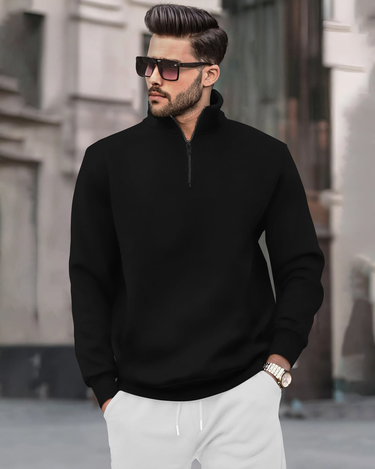 Men Plain Zipper High Neck Casual Sweatshirts - 5 Colors