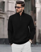 Men Plain Zipper High Neck Casual Sweatshirt / Black