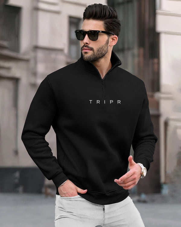 Men Zipper High Neck Black Sweatshirt