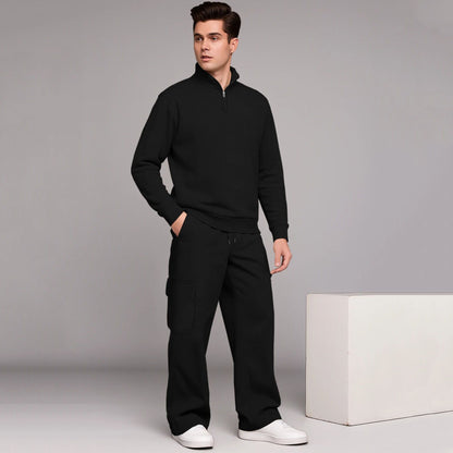 High Neck Sweatshirt & Baggy Cargo Plain Winter Outfits