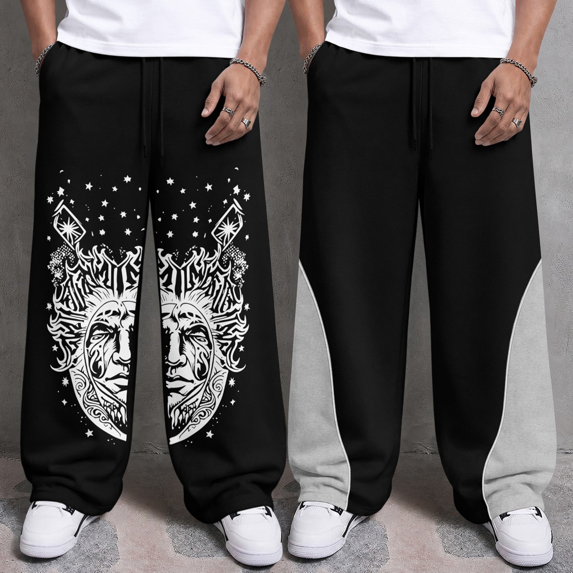 Mens Printed and Solid Baggy Track Pants Combo – Pack of 2