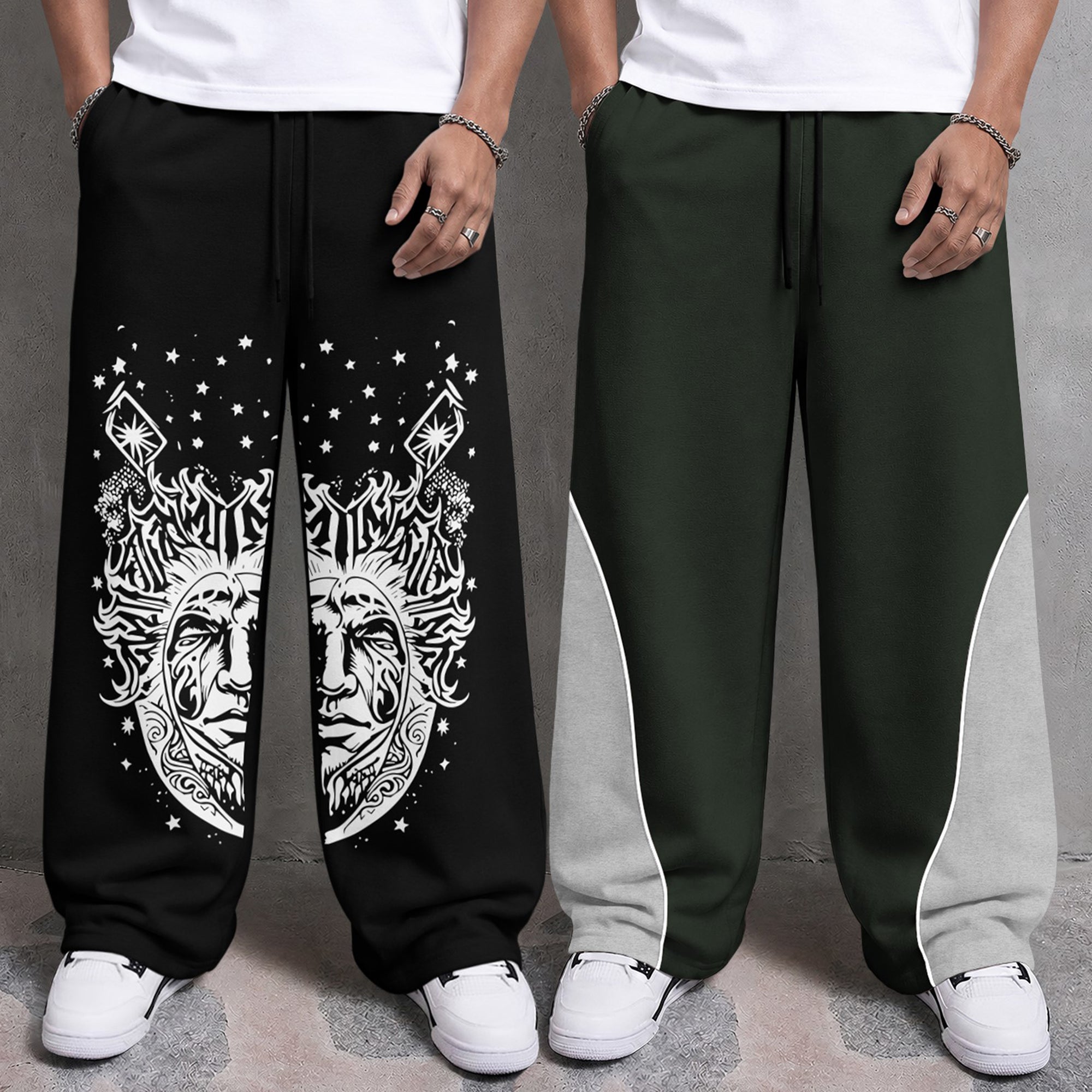 Mens Printed and Solid Baggy Track Pants Combo – Pack of 2