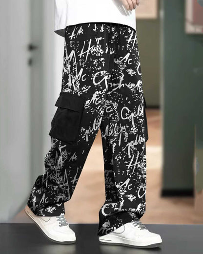 Men All Over Printed Multi Pockets Black Cargo Jogger