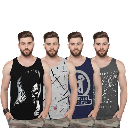 (Pack Of 4) Mens Printed Vest / Black & Grey & Navy & Charcoalblack