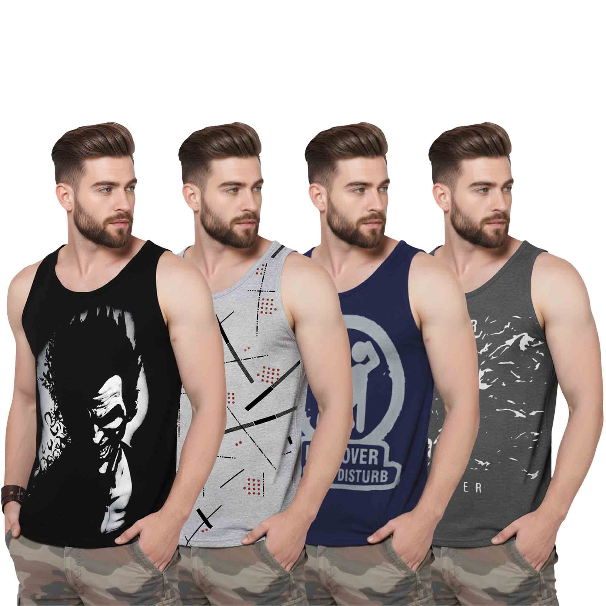 (Pack Of 4) Mens Printed Vest / Black & Grey & Navy & Charcoalblack