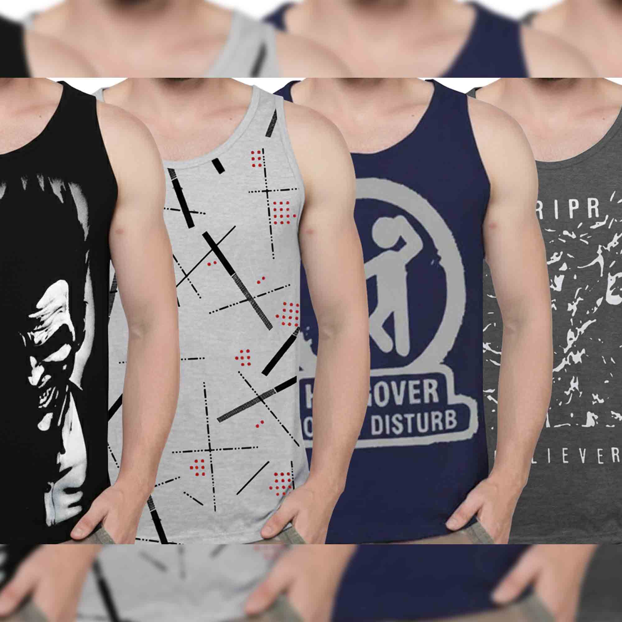 (Pack Of 4) Mens Printed Vest / Black & Grey & Navy & Charcoalblack