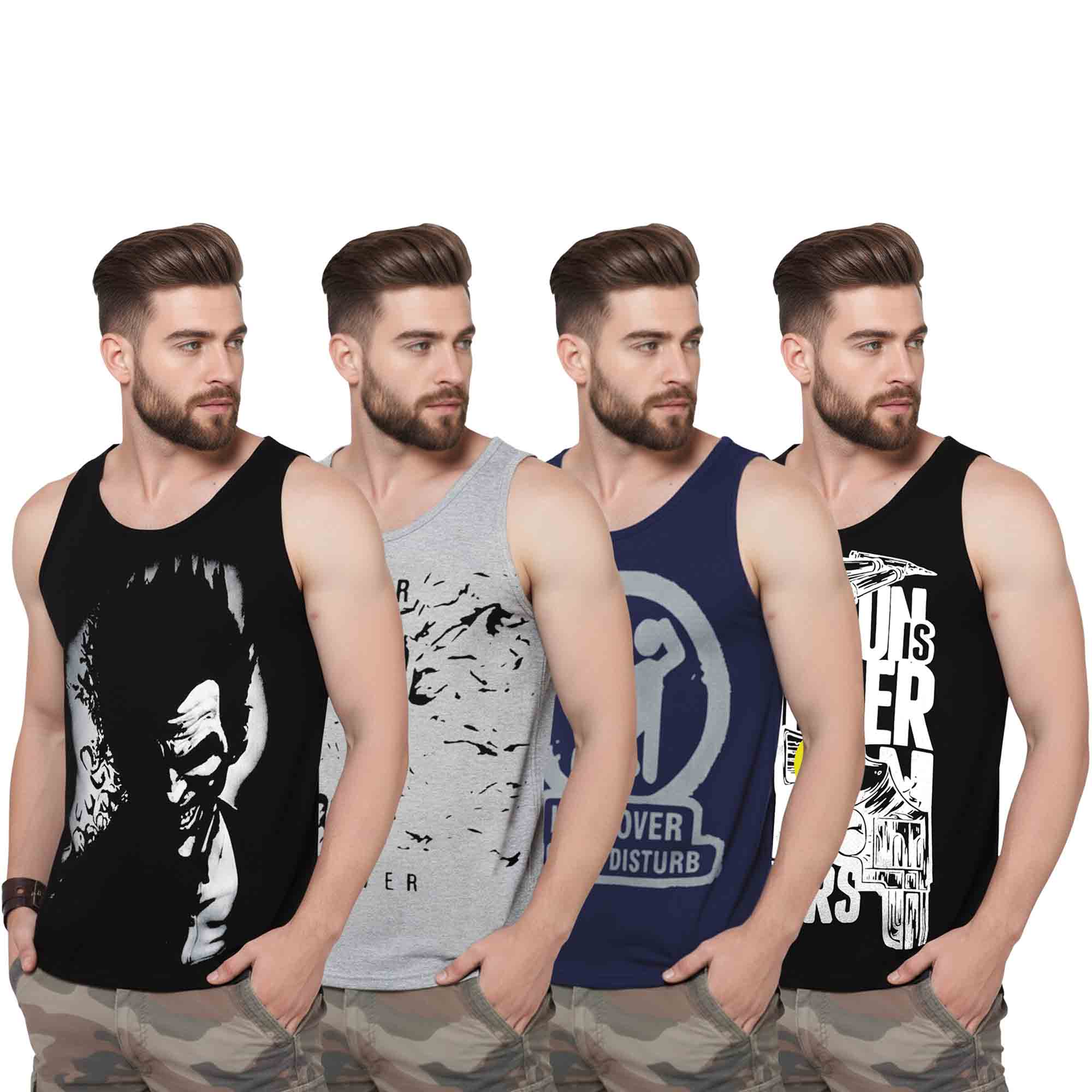 (Pack Of 4) Mens Printed Vest / Black & Grey & Navy & Black