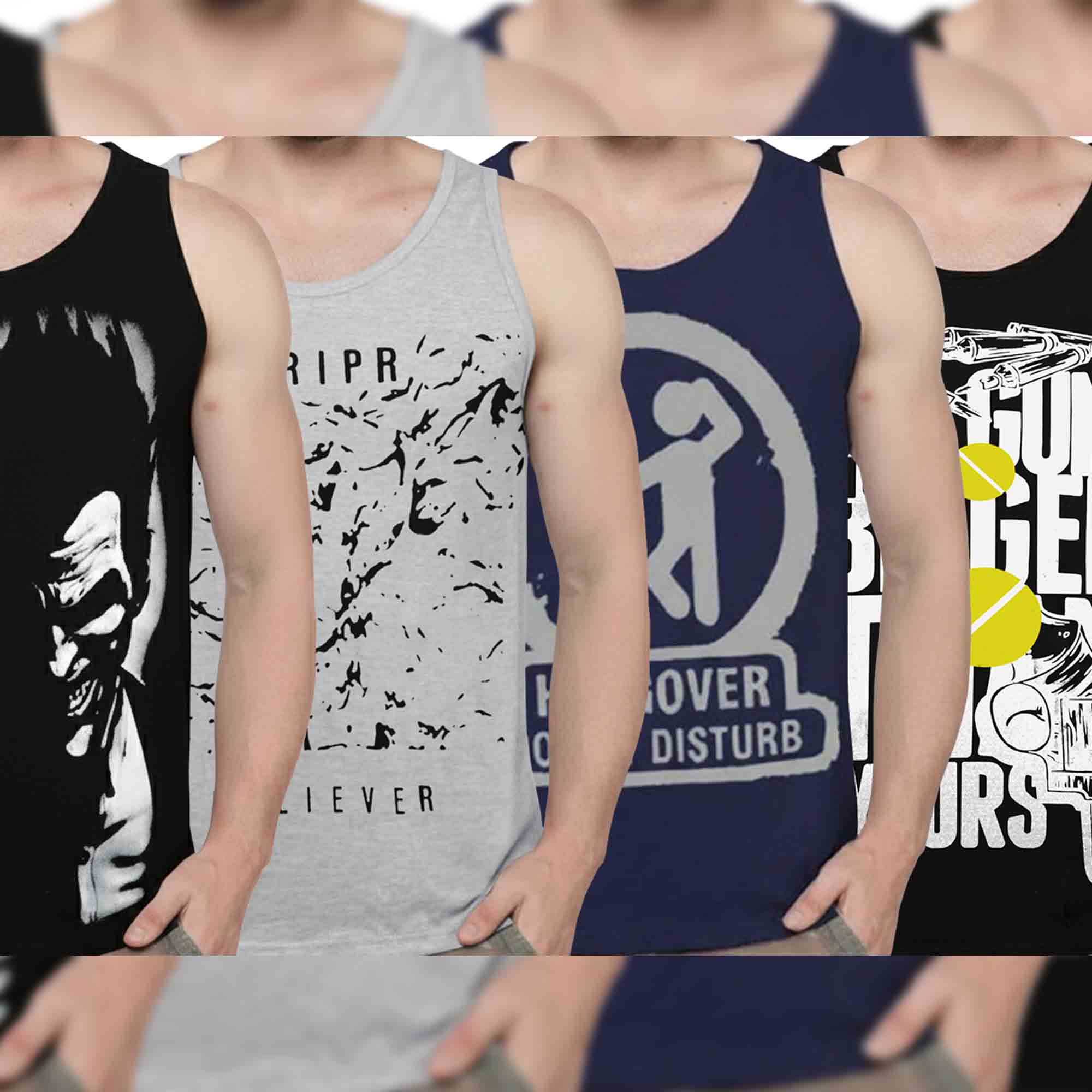 (Pack Of 4) Mens Printed Vest / Black & Grey & Navy & Black