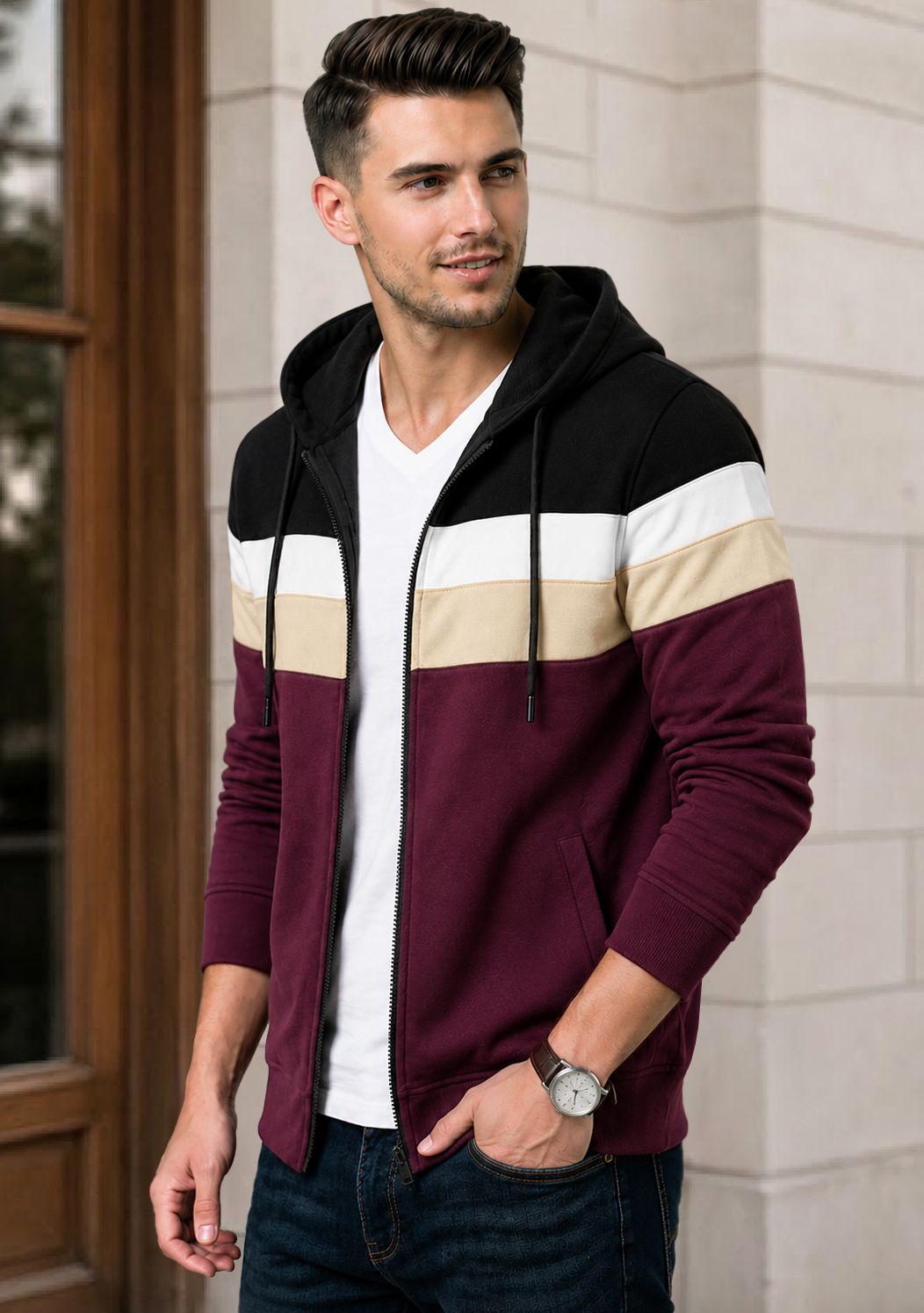 Mens Multicolor Striped Pattern Winter Hooded Jacket