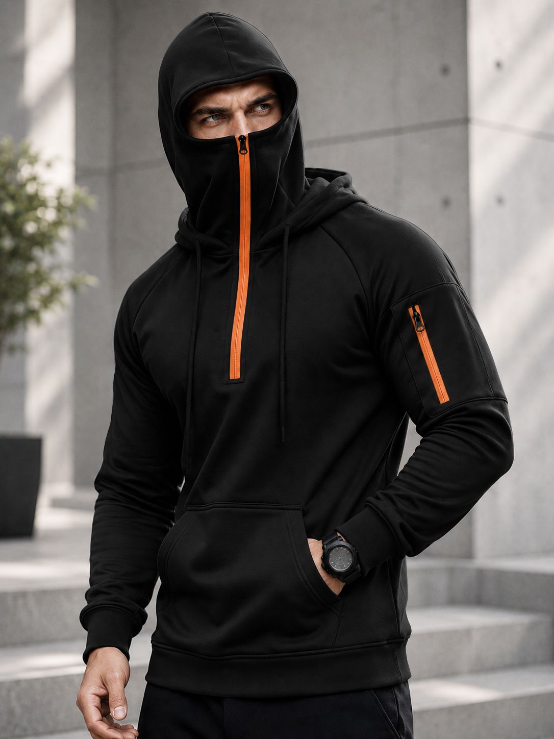 Mens Tactical Quarter-Zip Hoodie with Face Mask Sweatshirt Black