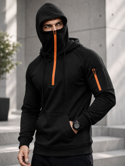 Mens Tactical Quarter-Zip Hoodie with Face Mask Sweatshirt Black