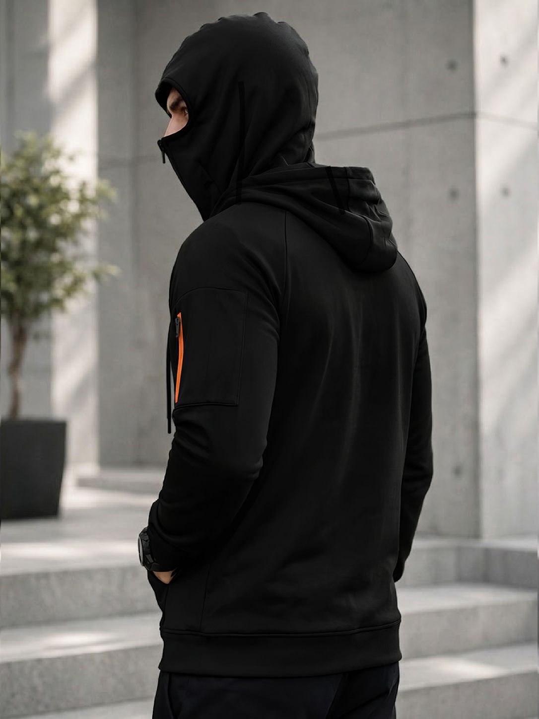 Mens Tactical Quarter-Zip Hoodie with Face Mask Sweatshirt Black