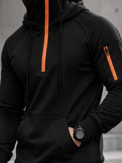 Mens Tactical Quarter-Zip Hoodie with Face Mask Sweatshirt Black