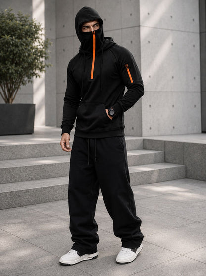 Mens Tactical Quarter-Zip Hoodie with Face Mask Sweatshirt Black