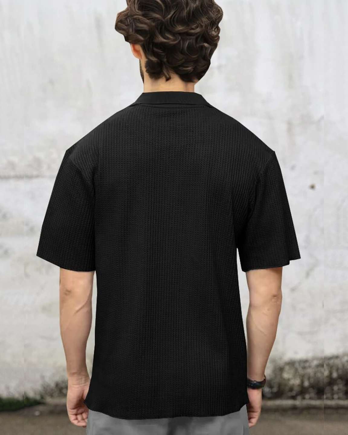 Men Black Half Sleeve Double Pocket Waffle T-shirt