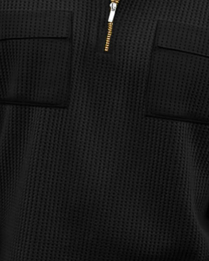 Men Black Half Sleeve Double Pocket Waffle T-shirt