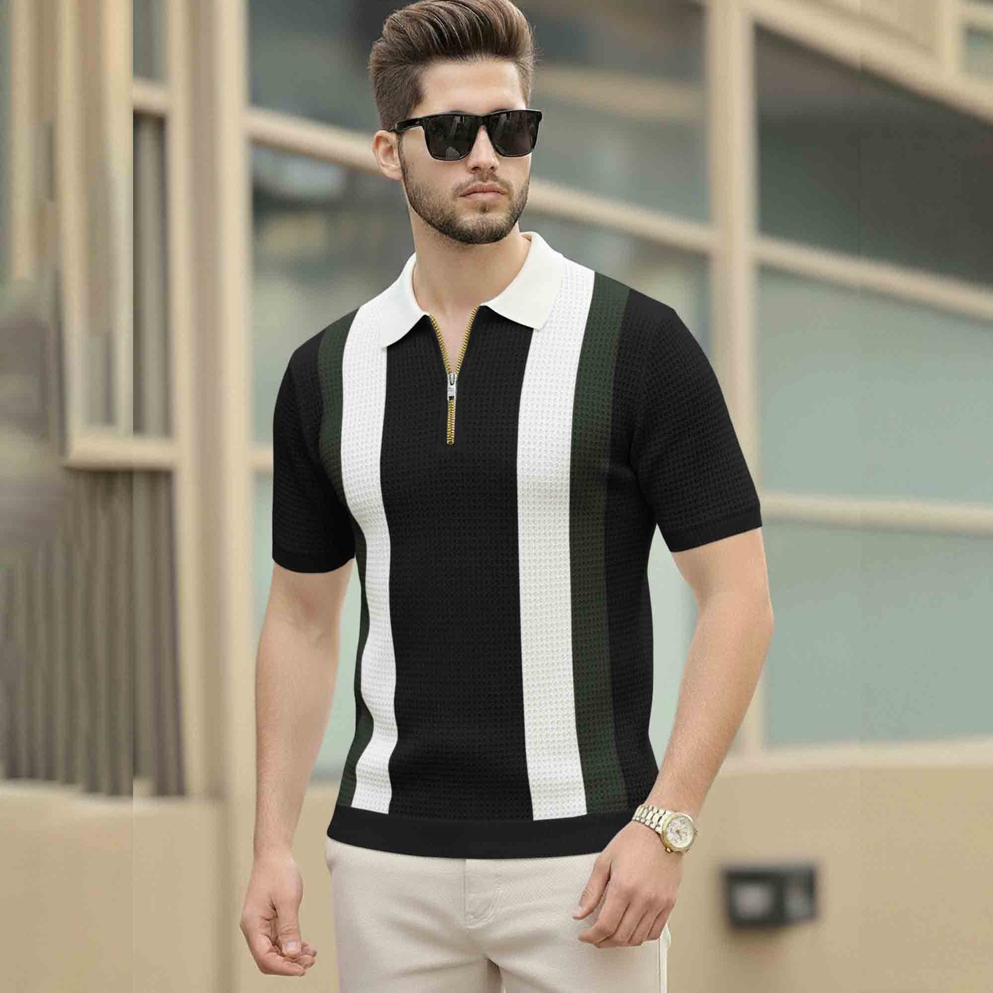 Men Colorblock Polo Neck Half Sleeve T-Shirt Black