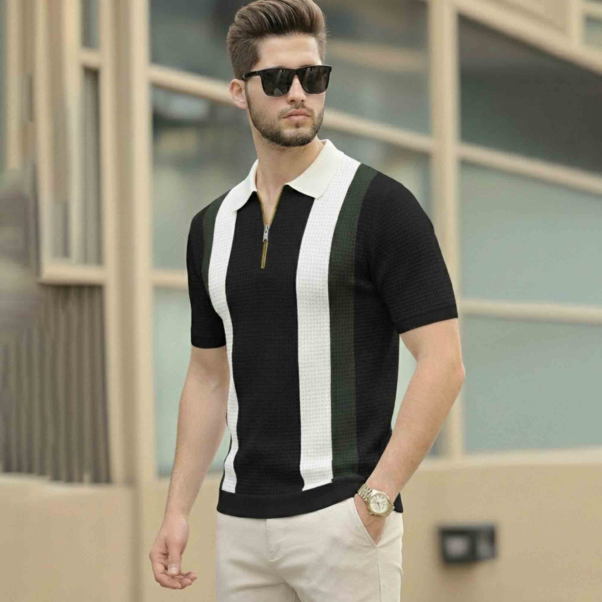 Men Colorblock Polo Neck Half Sleeve T-Shirt Black