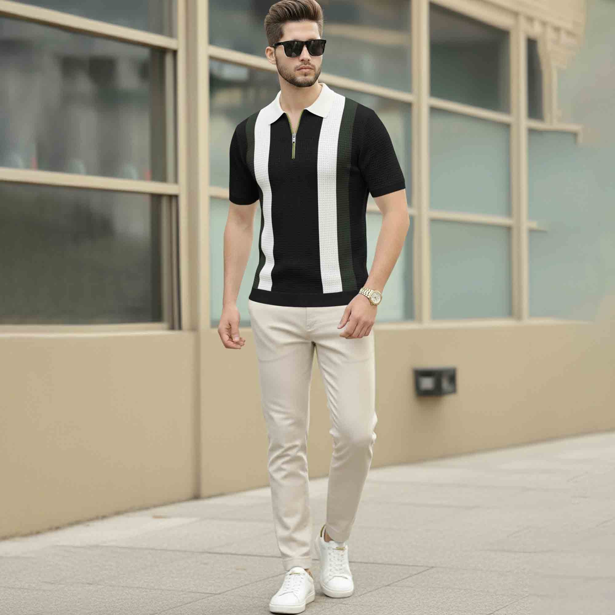 Men Colorblock Polo Neck Half Sleeve T-Shirt Black