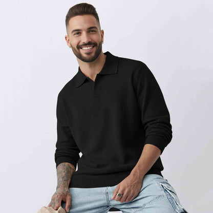 Mens Classic Polo Neck Solid Sweatshirt Black