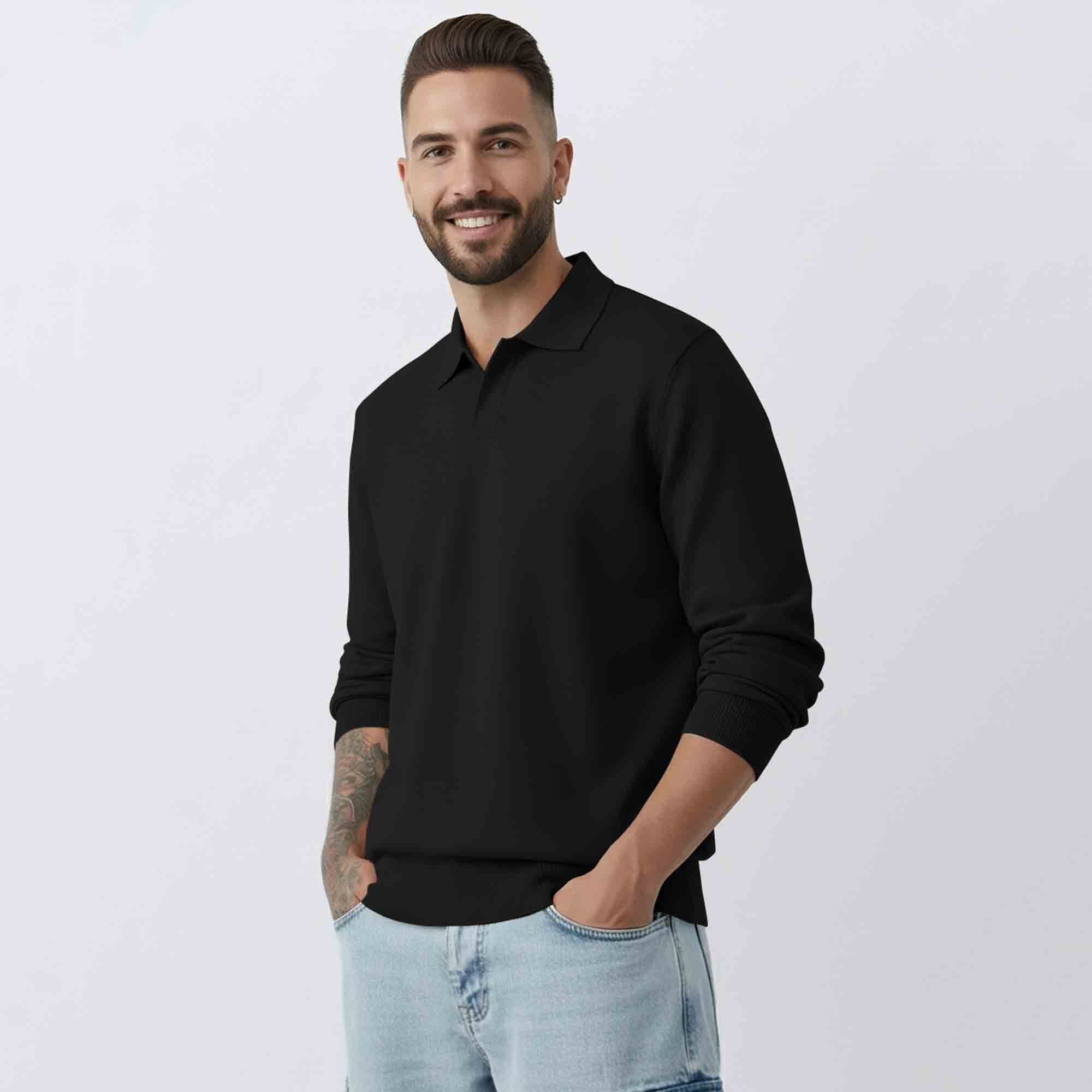 Mens Classic Polo Neck Solid Sweatshirt Black