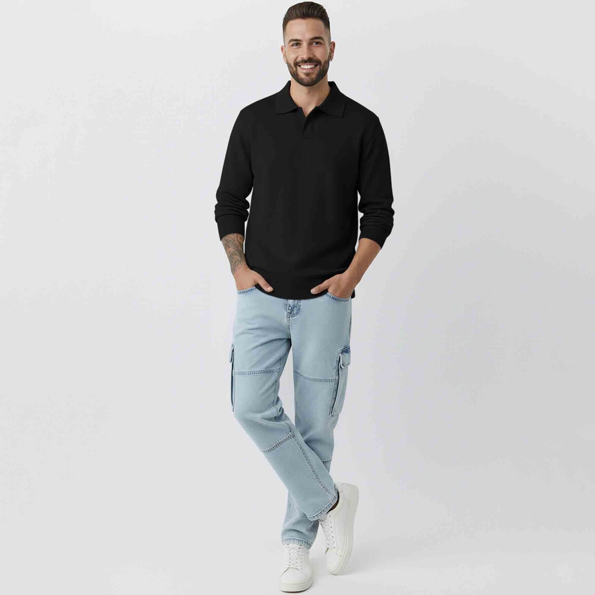 Mens Classic Polo Neck Solid Sweatshirt Black