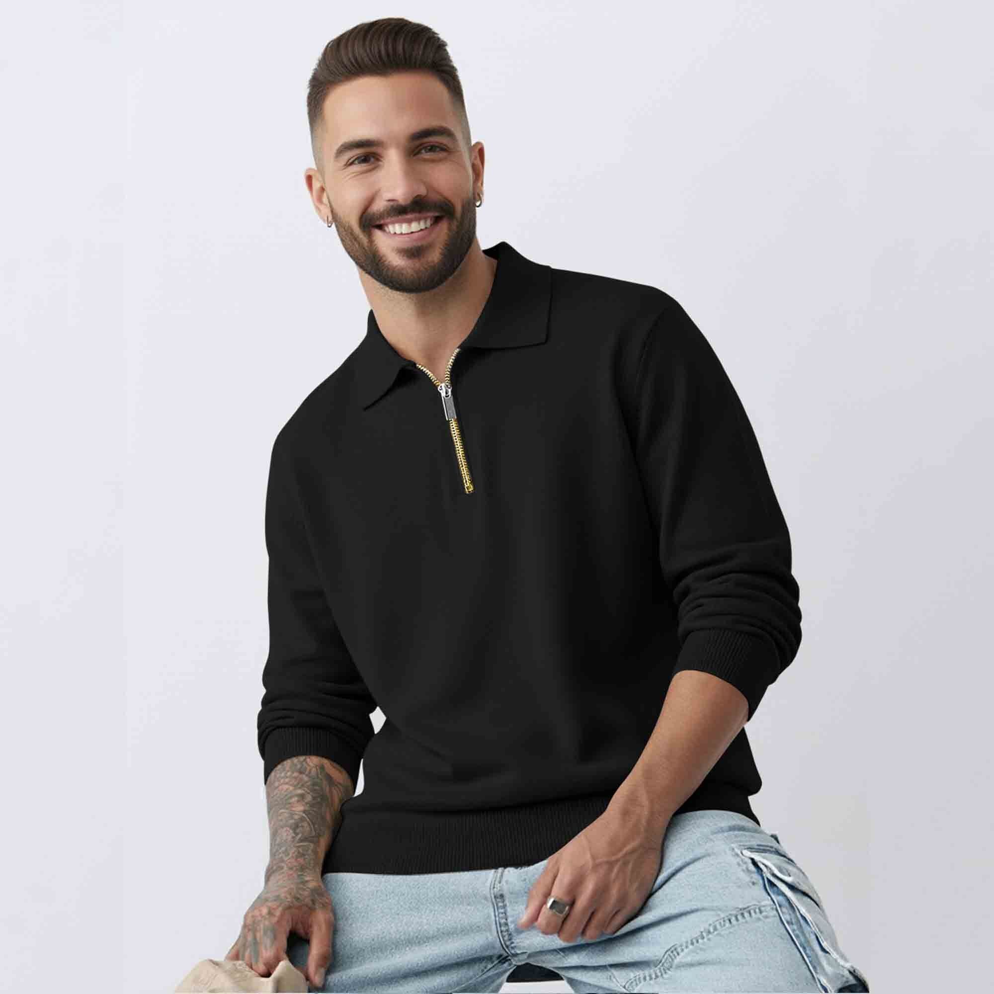 Mens Black Quarter Zip Full Sleeve Plain Polo Fit Sweatshirt