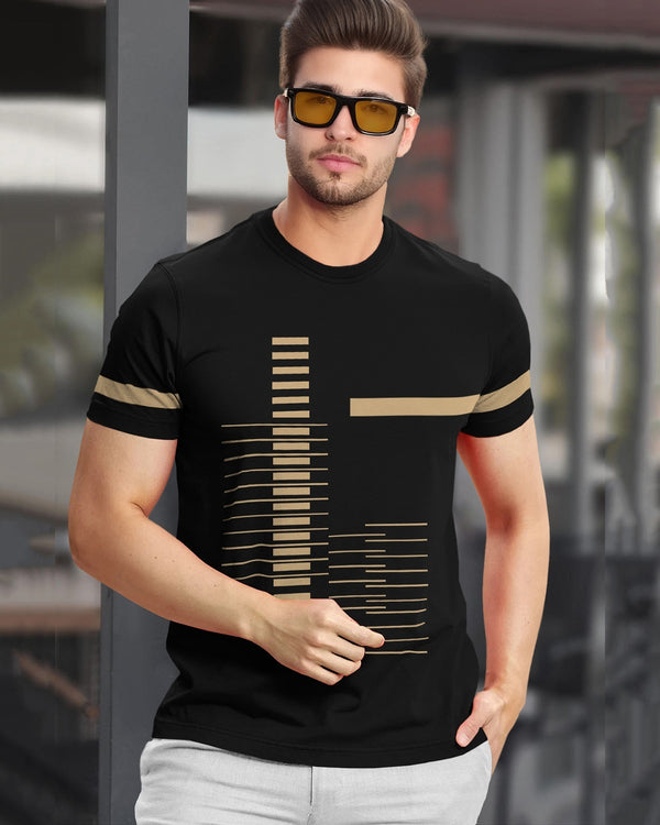 Men Printed Half Sleeve Round Neck Black Beige T-Shirt