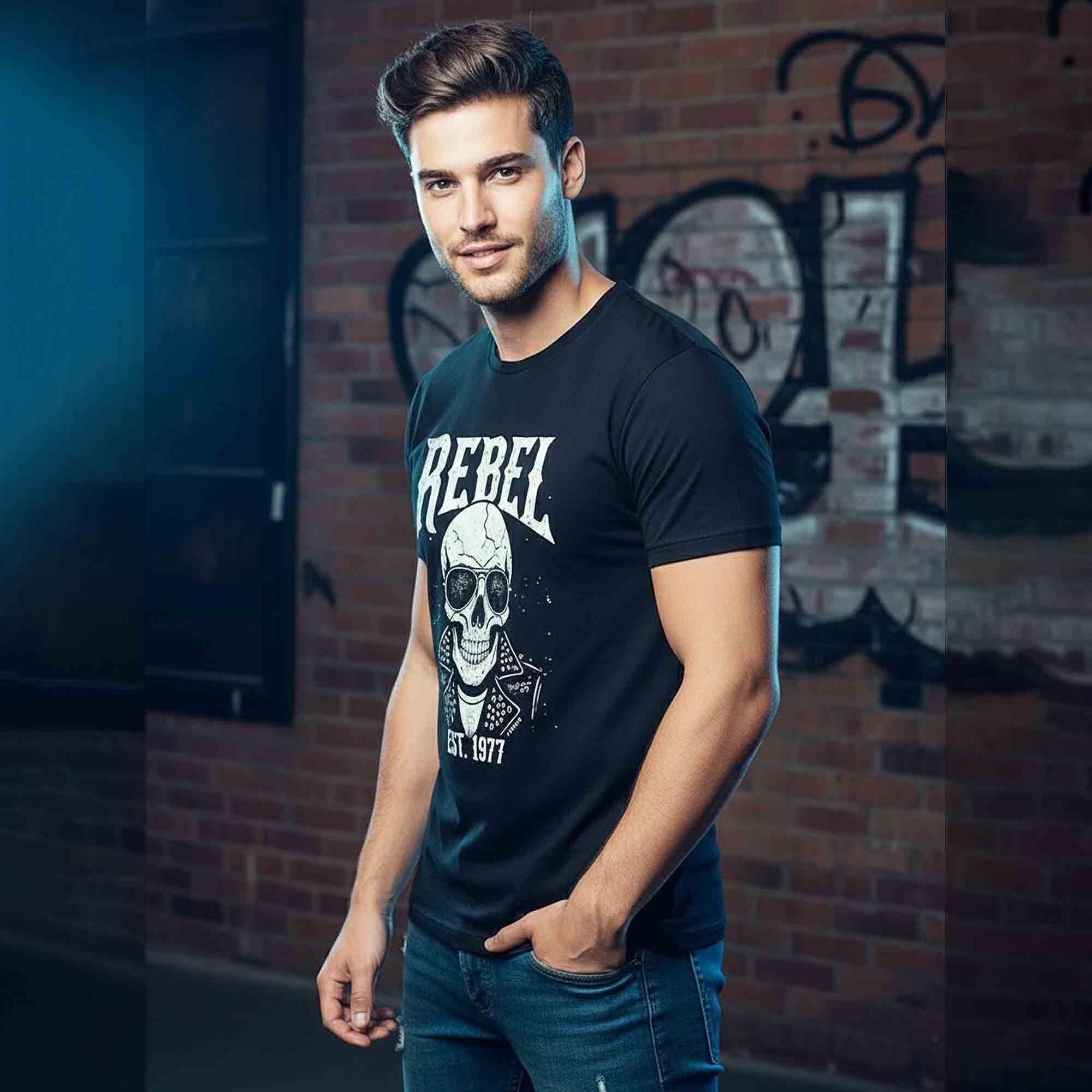 Men Half Sleeve REBEL Printed Cotton Blend Tshirt Black