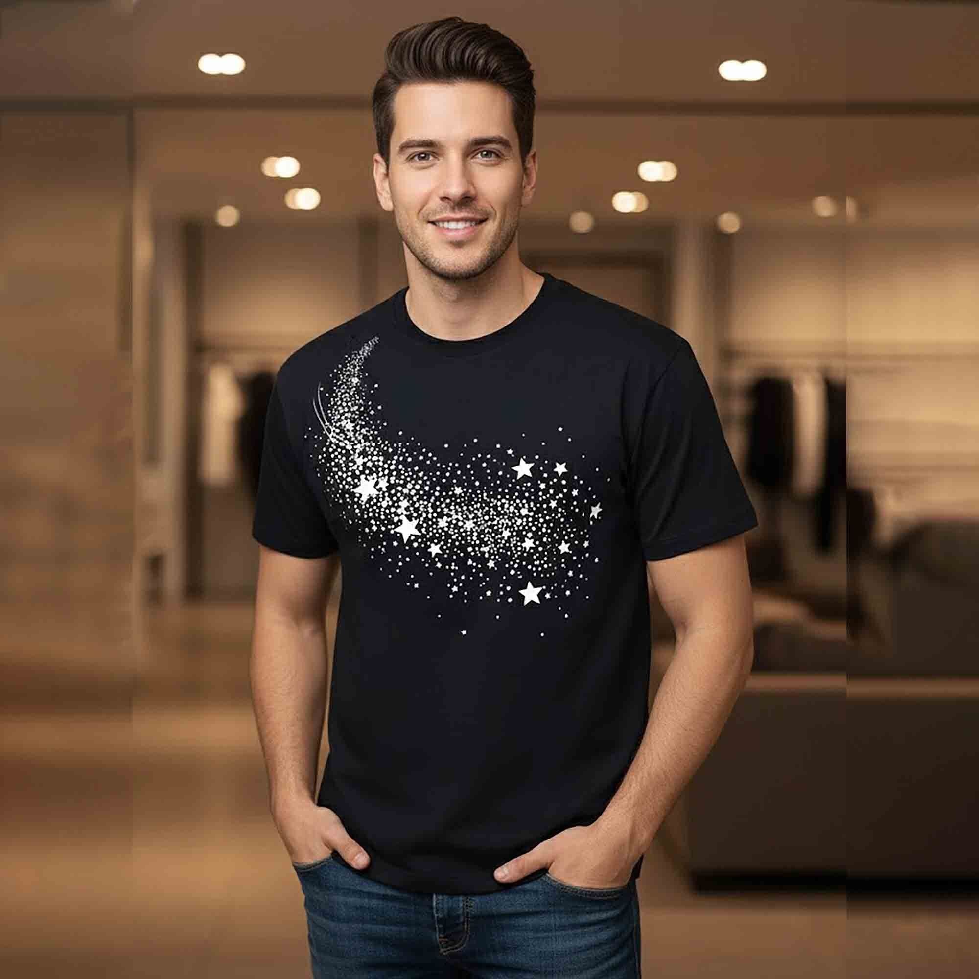 Half Sleeve Star Printed Black Round Neck Cotton Blend TShirt
