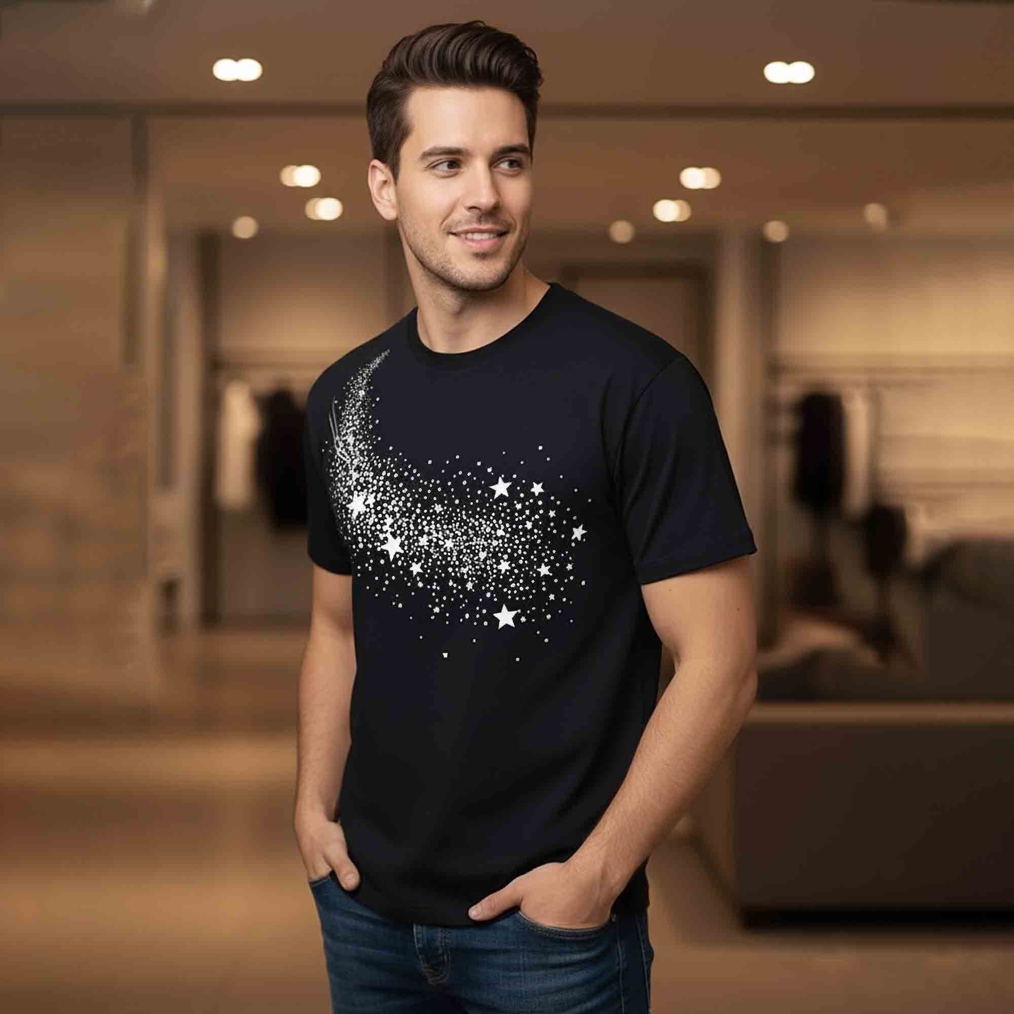 Half Sleeve Star Printed Black Round Neck Cotton Blend TShirt