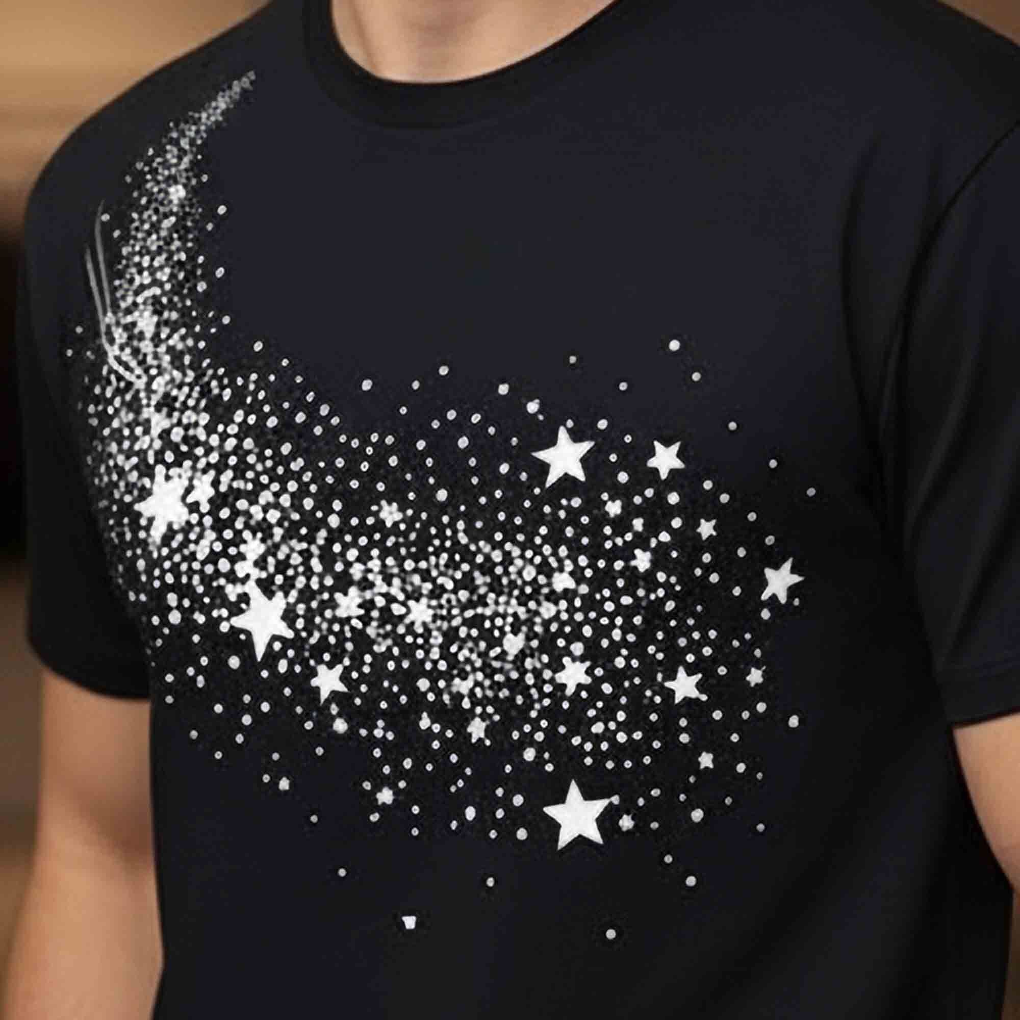 Half Sleeve Star Printed Black Round Neck Cotton Blend TShirt