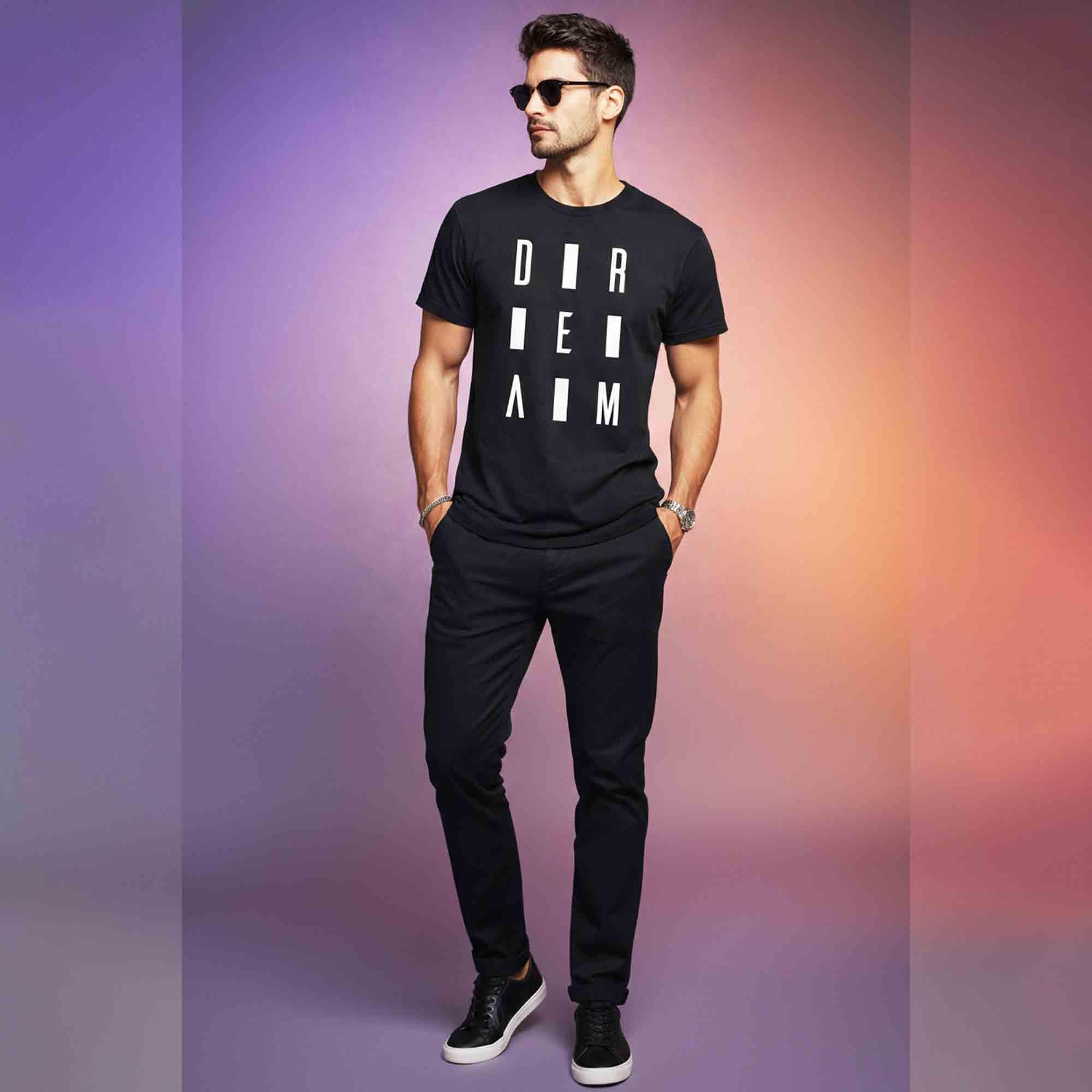 Mens Half Round Neck DREAM Printed Tshirt Black